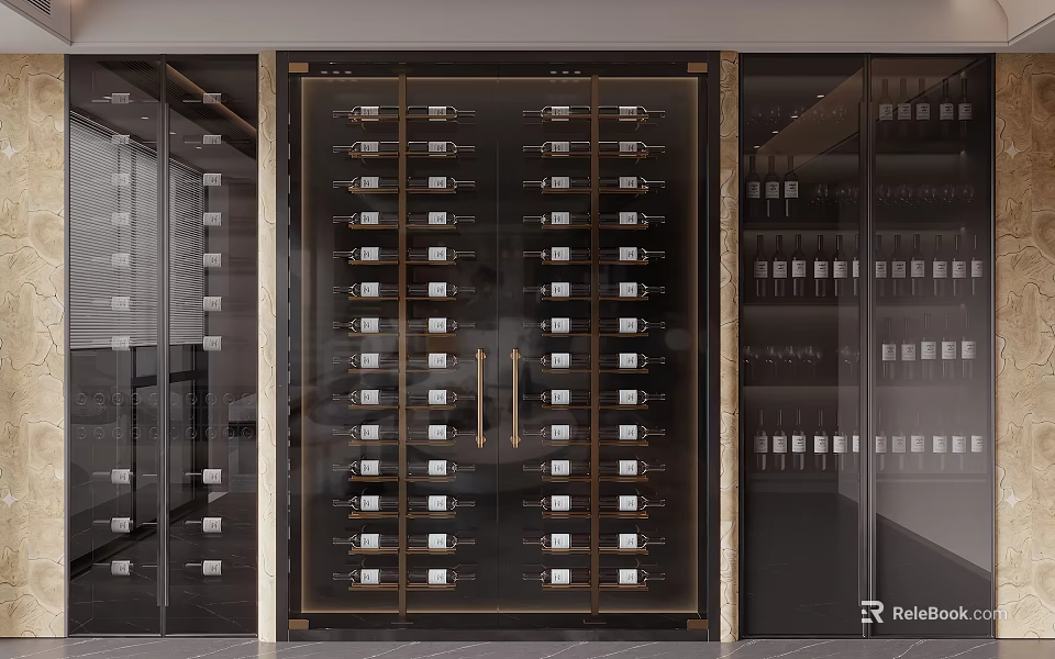 Elegant Modern Wine Cabinet With Glass Doors Gold Metal Frame And Neatly Arranged Wine Bottles 3d model 