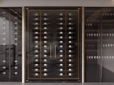 Elegant Modern Wine Cabinet With Glass Doors Gold Metal Frame And Neatly Arranged Wine Bottles 3d model