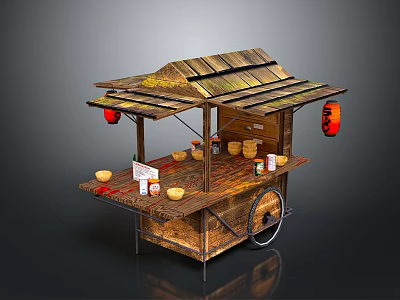 Wooden Food Cart With Red Lanterns Bowls Jars And Daily Living Items 3d model