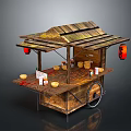 Wooden Food Cart With Red Lanterns Bowls Jars And Daily Living Items