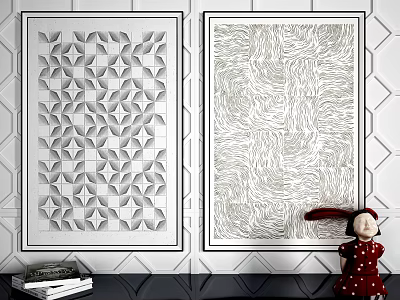 Geometric And Wavy Line Decorative Paintings With Doll And Books On Wall 3d model