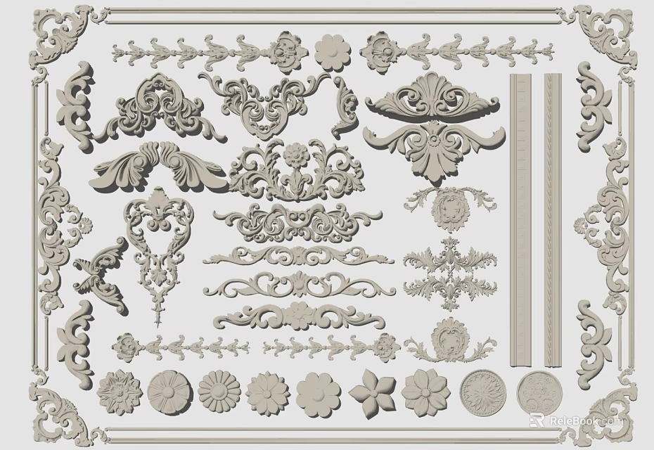 Intricate Decorative Carvings with Floral Patterns and Scroll Motifs for Ornamental Details 3d model 