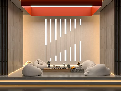 Modern Hotel Public Lounge Area With Red Ceiling Illuminated Stripes Beige Sofas And Wooden Walls 3d model