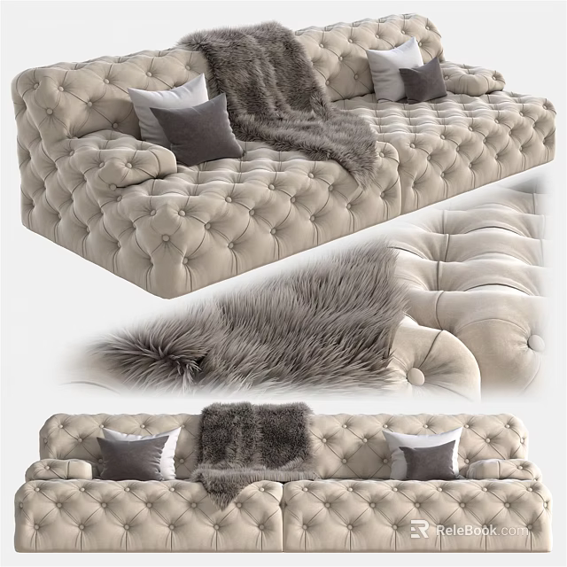 Comfortable Beige Tufted Sectional Sofa With Decorative Pillows Throw Blanket And Fur Rug 3d model 