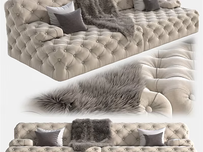 Comfortable Beige Tufted Sectional Sofa With Decorative Pillows Throw Blanket And Fur Rug 3d model