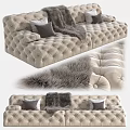 Comfortable Beige Tufted Sectional Sofa With Decorative Pillows Throw Blanket And Fur Rug