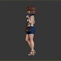 Stylish 3D Female Character With Brown Short Hair White Top Blue Vest Skirt And Handbag