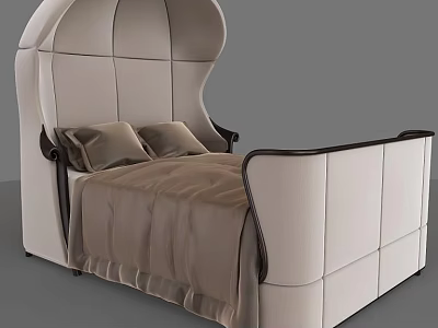 Elegant Modern Double Bed With Curved Upholstered Beige Headboard Brown Trim And Two Pillows 3d model