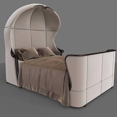 Elegant Modern Double Bed With Curved Upholstered Beige Headboard Brown Trim And Two Pillows 3d model