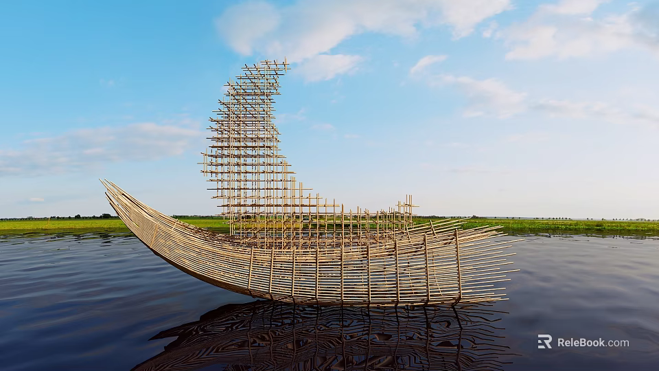Garden Landscape With Bamboo Sculpture Floating on Water and Sky Reflections 3d model 