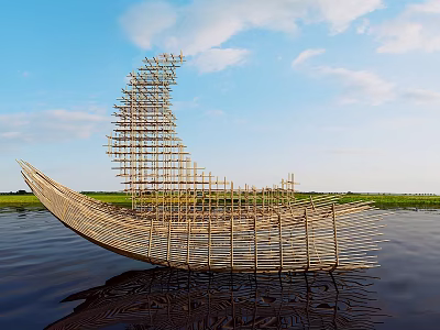 Garden Landscape With Bamboo Sculpture Floating on Water and Sky Reflections 3d model