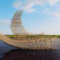 Garden Landscape With Bamboo Sculpture Floating on Water and Sky Reflections
