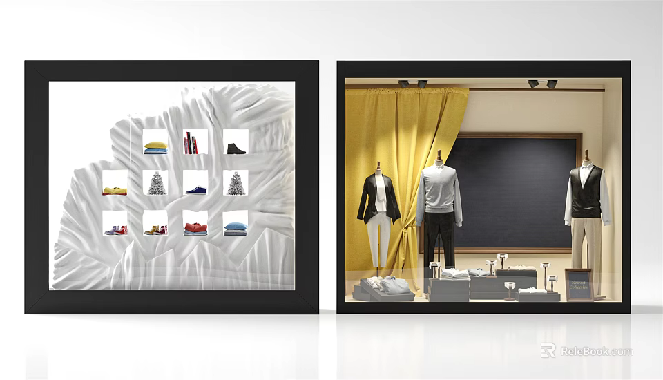 Fashion Retail Window Displays With Floral Design Mannequins Suits And Yellow Curtain 3d model 