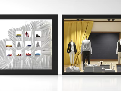 Fashion Retail Window Displays With Floral Design Mannequins Suits And Yellow Curtain 3d model