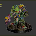 Fierce Green Orc Warrior with Colorful Armor Holding Mechanical Gun and Spiked Axe