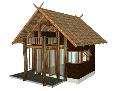 Traditional Rustic Cottage Exterior With Thatched Roof Wooden Porch And Pillars 3d model