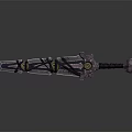 Mythical Fantasy Sword With Purple Blade Black Hilt Golden Accents And Intricate Design