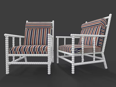 Stylish Accent Chair With White Beaded Frame And Striped Cushion Backrest 3d model
