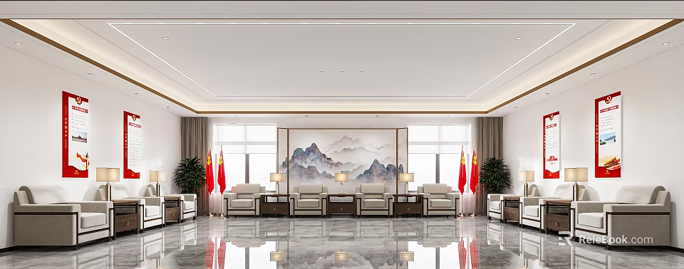 Hotel Public Lounge Area With Comfortable Sofas Large Landscape Painting And Floor to Ceiling Windows 3d model 