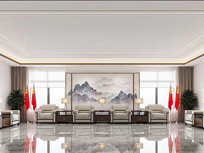 Hotel Public Lounge Area With Comfortable Sofas Large Landscape Painting And Floor to Ceiling Windows 3d model