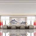 Hotel Public Lounge Area With Comfortable Sofas Large Landscape Painting And Floor to Ceiling Windows