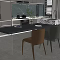 Modern Restaurant Interior With Dark Cabinets Marble Countertop And Dining Table Chairs