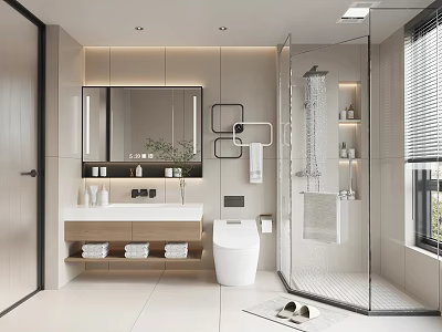 Modern Bathroom Interior With Vanity Mirror Toilet And Glass Shower 3d model