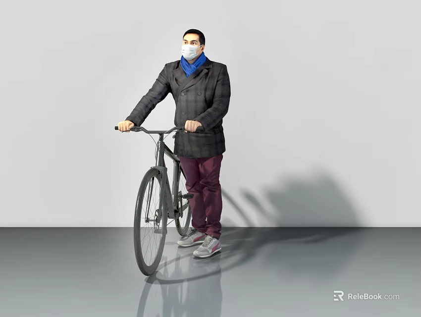 Man Standing With Bicycle Wearing Black Coat And Blue Mask on Gray Background 3d model 