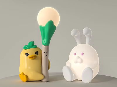 Cute Table Lamp with Round Light Shade Green Leaf Pole Yellow Chick and White Rabbit 3d model