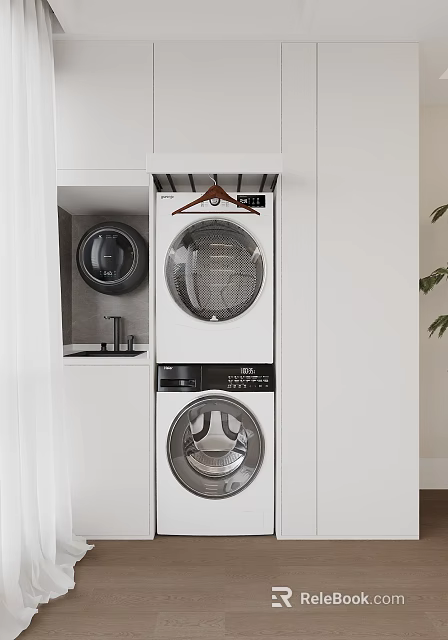 Practical Home Balcony Laundry Setup With Stacked Washer Dryer And White Cabinets 3d model