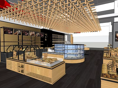 Modern Supermarket Interior With Wooden Lattice Ceiling Shelves Glass Display Cases And Bakery Items 3d model