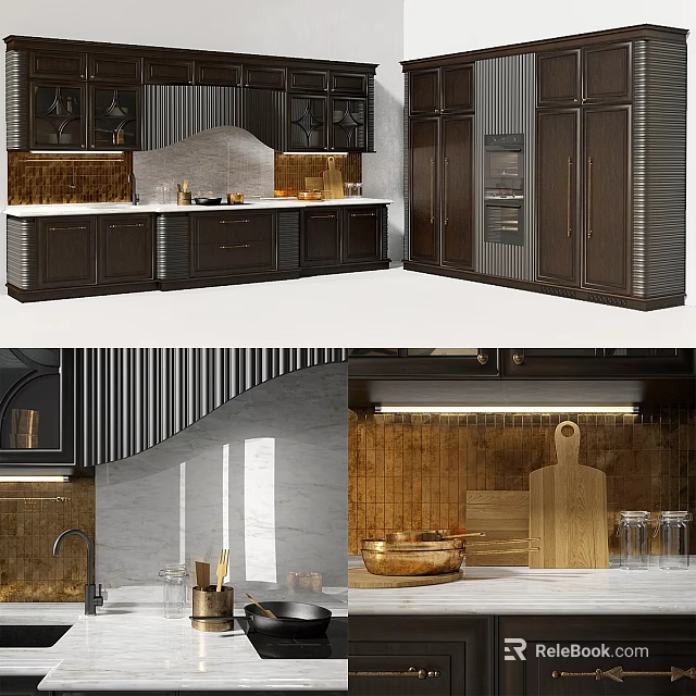 Elegant Modern Kitchen Interior With Dark Wood Cabinets And Marble Countertops 3d model 