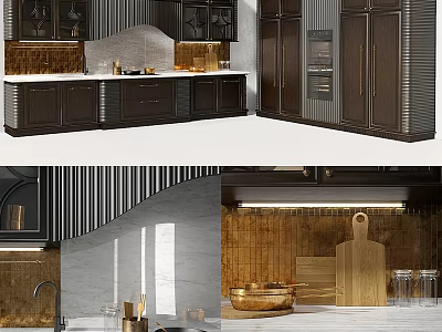 Elegant Modern Kitchen Interior With Dark Wood Cabinets And Marble Countertops 3d model