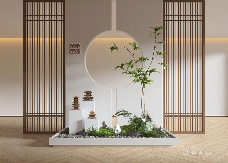 Chinese Style Indoor Landscape With Lattice Screens Circular Decor Rockery Stones And Wooden Flooring 3d model 