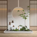 Chinese Style Indoor Landscape With Lattice Screens Circular Decor Rockery Stones And Wooden Flooring