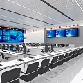 Modern Conference Room Interior With Multiple Workstations Large Wall Screens And Computer Monitors