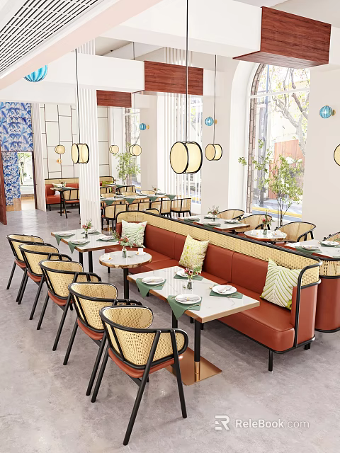 Cozy Restaurant Interior With Blue White Tile Lantern Decor Rattan Chairs And Booth Seating 3d model 