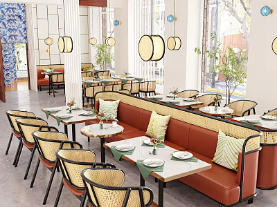 Cozy Restaurant Interior With Blue White Tile Lantern Decor Rattan Chairs And Booth Seating 3d model