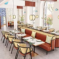 Cozy Restaurant Interior With Blue White Tile Lantern Decor Rattan Chairs And Booth Seating