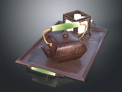 Vintage Brown Tea Set With Teapot And Tray Green Accents Lantern Container 3d model