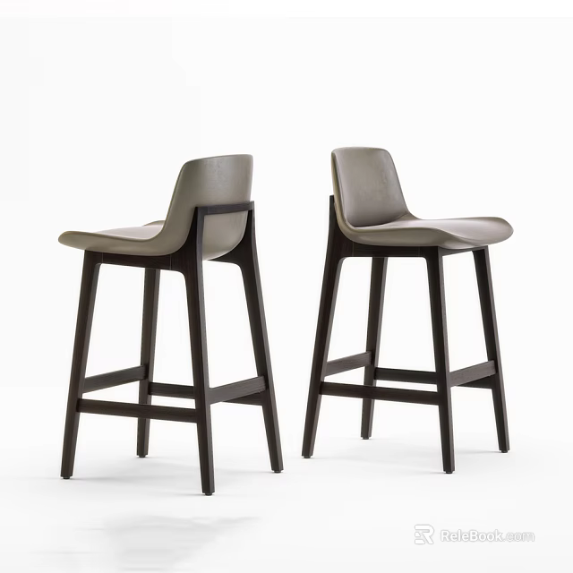 Two Modern Minimalist Bar Stools With Light Gray Seat And Dark Wooden Legs 3d model 