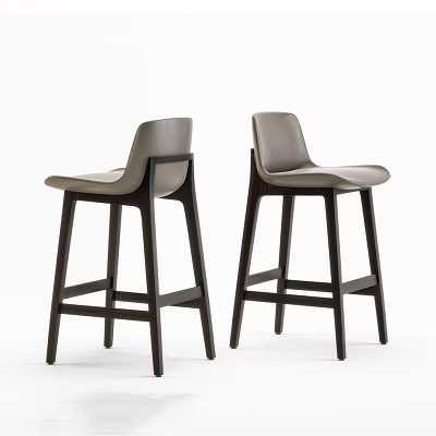 Two Modern Minimalist Bar Stools With Light Gray Seat And Dark Wooden Legs 3d model