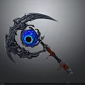 Ornate Scythe Weapon With Blue Glowing Orb And Red Wrapped Handle