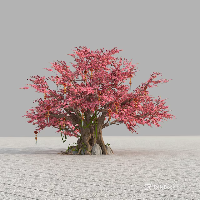 Pink Blossom Arbor With Rooted Trunk Surrounding Stones And Hanging Red Ornaments 3d model 