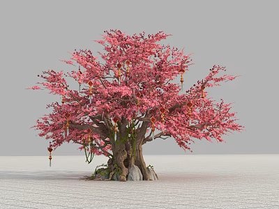 Pink Blossom Arbor With Rooted Trunk Surrounding Stones And Hanging Red Ornaments 3d model