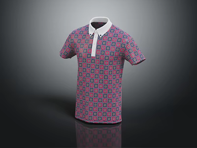 Stylish Short Sleeved Polo Shirt With White Collar And Pink Blue Geometric Pattern 3d model