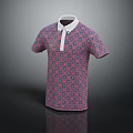 Stylish Short Sleeved Polo Shirt With White Collar And Pink Blue Geometric Pattern