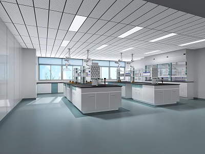 Modern Laboratory Interior Open Layout Featuring White Cabinets Workbenches Windows And Ceiling Lights 3d model