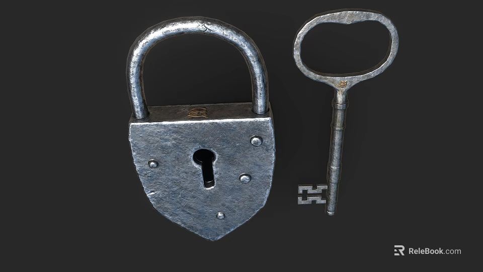 Antique Door Handle With Vintage Padlock And Metal Key Design Elements 3d model 
