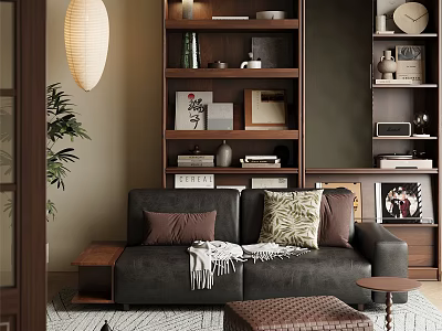 Cozy Study Room Interior Design With Wooden Bookshelves Comfy Sofa Decorative Pillows And Potted Plant 3d model